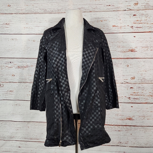 SUN KIM Asymmetrical Black Checkered Rain Coat Jacket Size Small - Picture 4 of 6